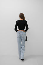 Double Buttoned V-Neck Black Knit Blouse