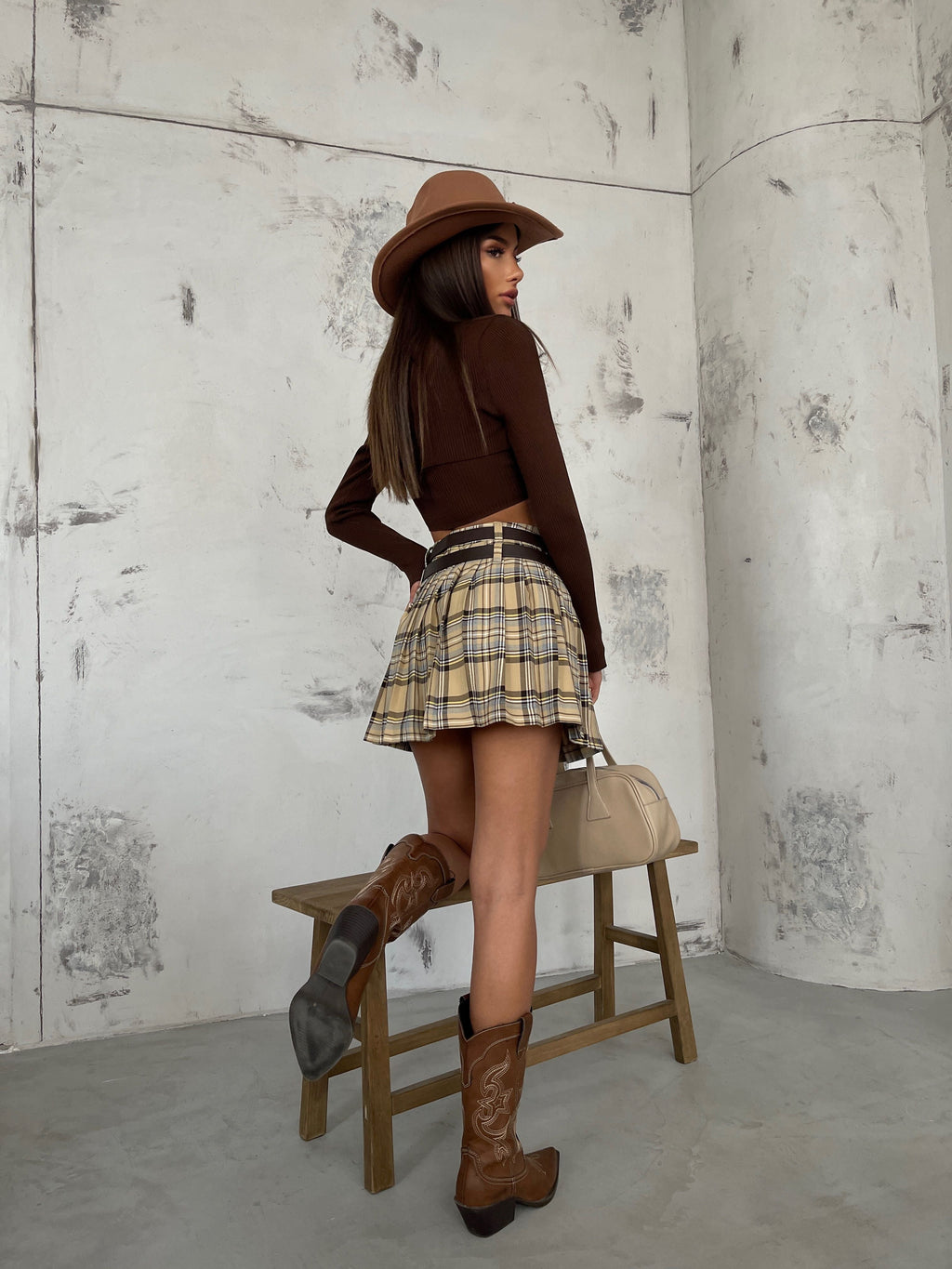 Double Belt Pleated Beige Mini Skirt