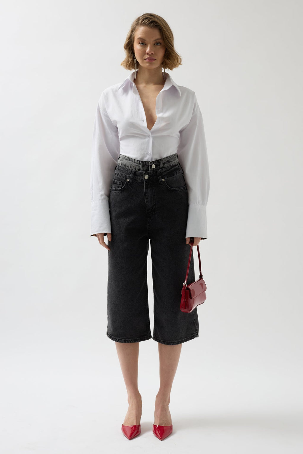Double Waistted Bermuda Gray Denim Shorts