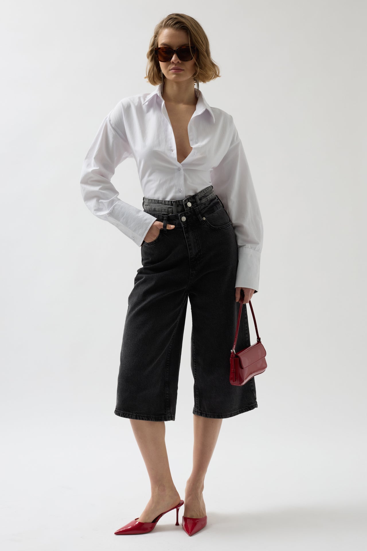 Double Waistted Bermuda Gray Denim Shorts