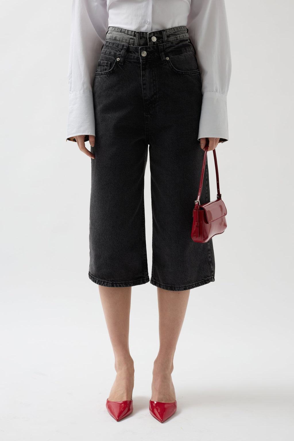 Double Waistted Bermuda Gray Denim Shorts