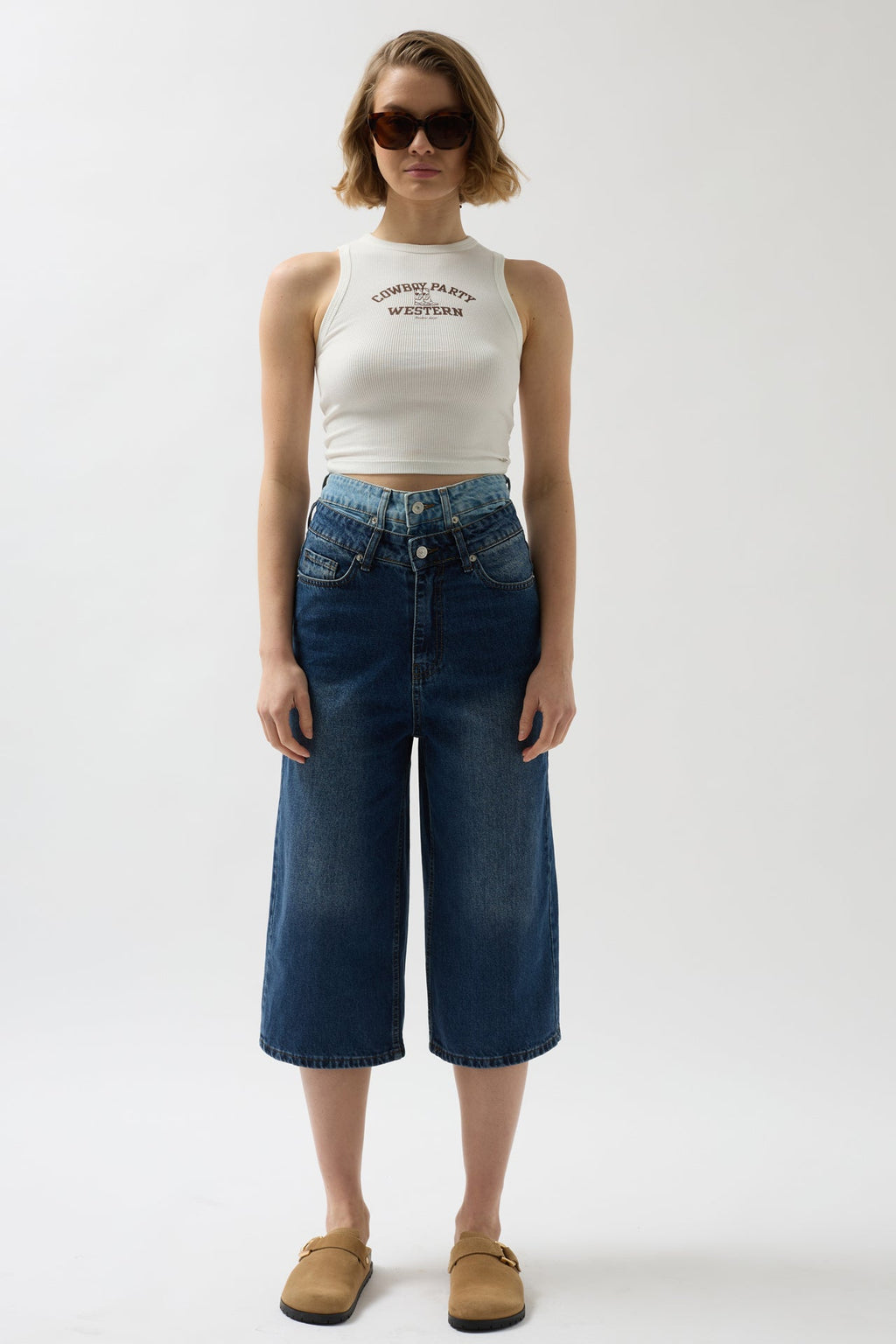 Double Waistted Bermuda Blue Denim Shorts