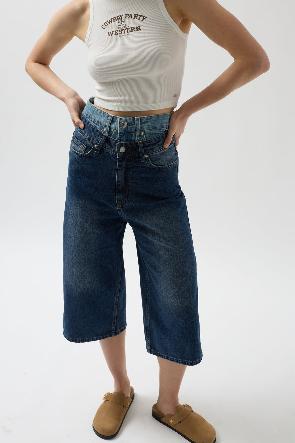 Double Waistted Bermuda Blue Denim Shorts