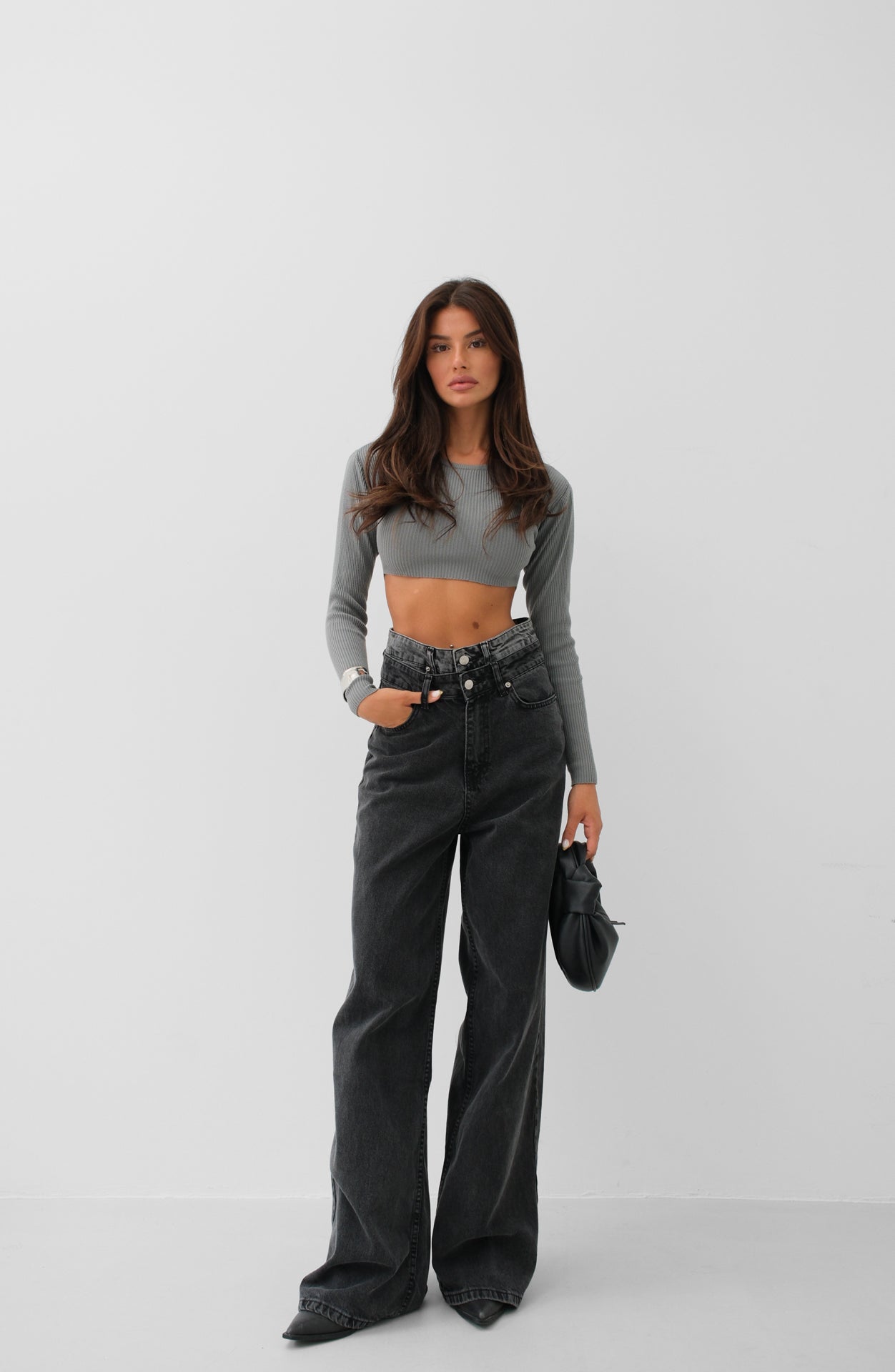 Double Waistted High Waist Gray Jeanss