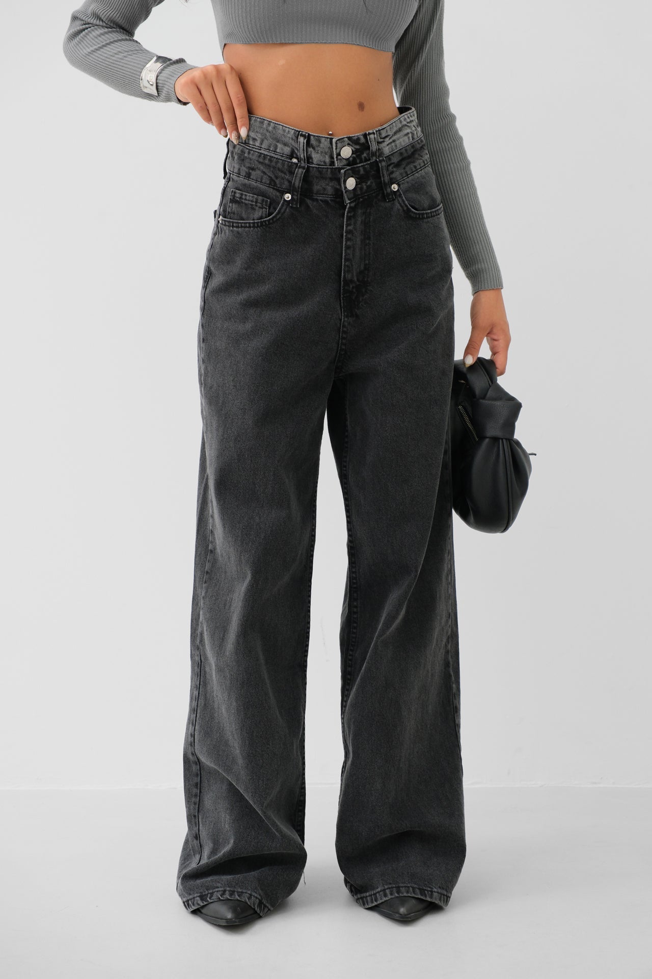 Double Waistted High Waist Gray Jeanss