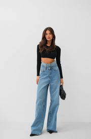 Double Belted High Waist Blue Jeans