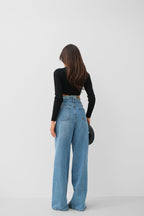 Double Waistted High Waist Blue Jeanss