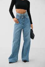 Double Waistted High Waist Blue Jeanss