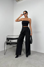 Double-Pleated Wide-Leg Black Pants