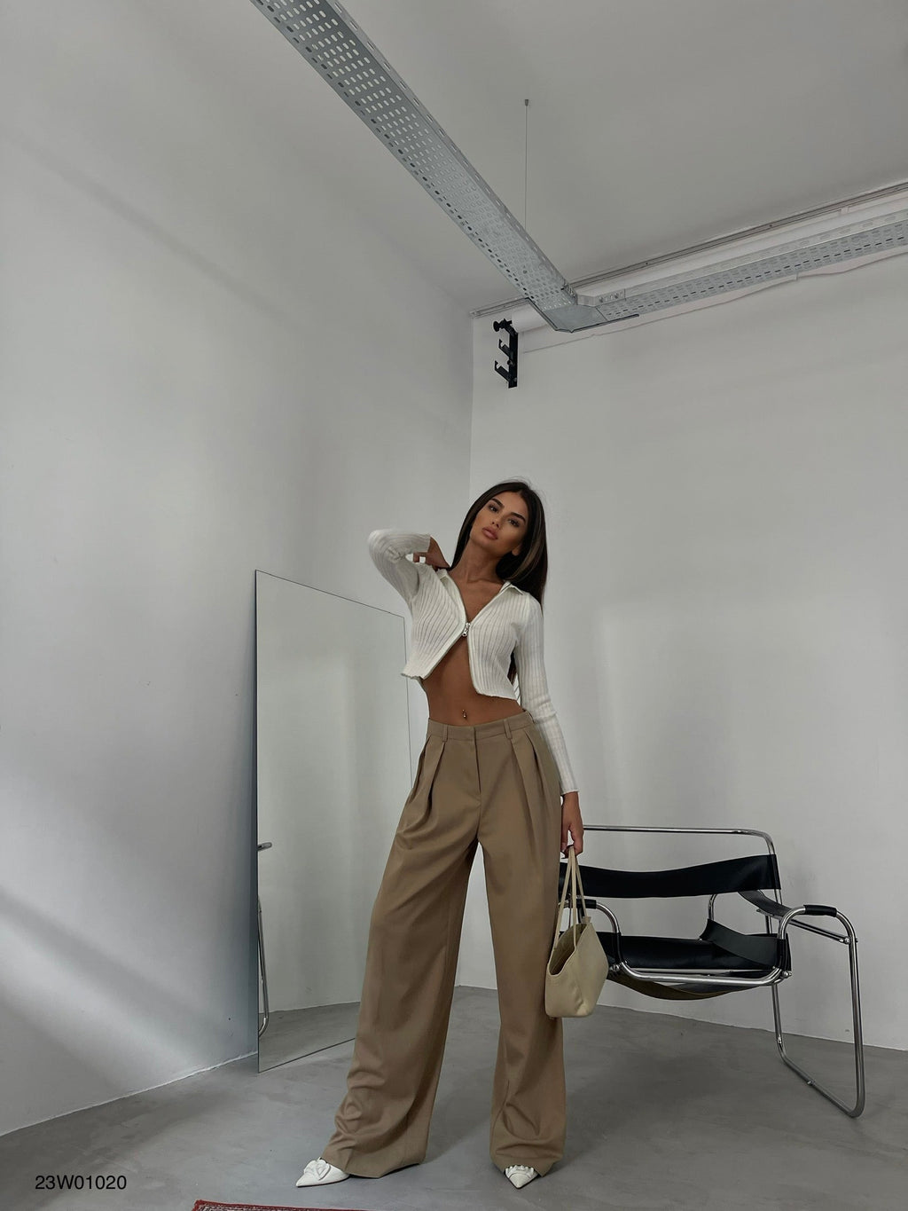 Double-Pleated Beige Wide-Leg Beige Pants