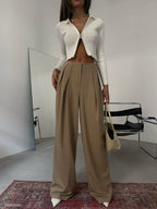 Double-Pleated Beige Wide-Leg Beige Pants