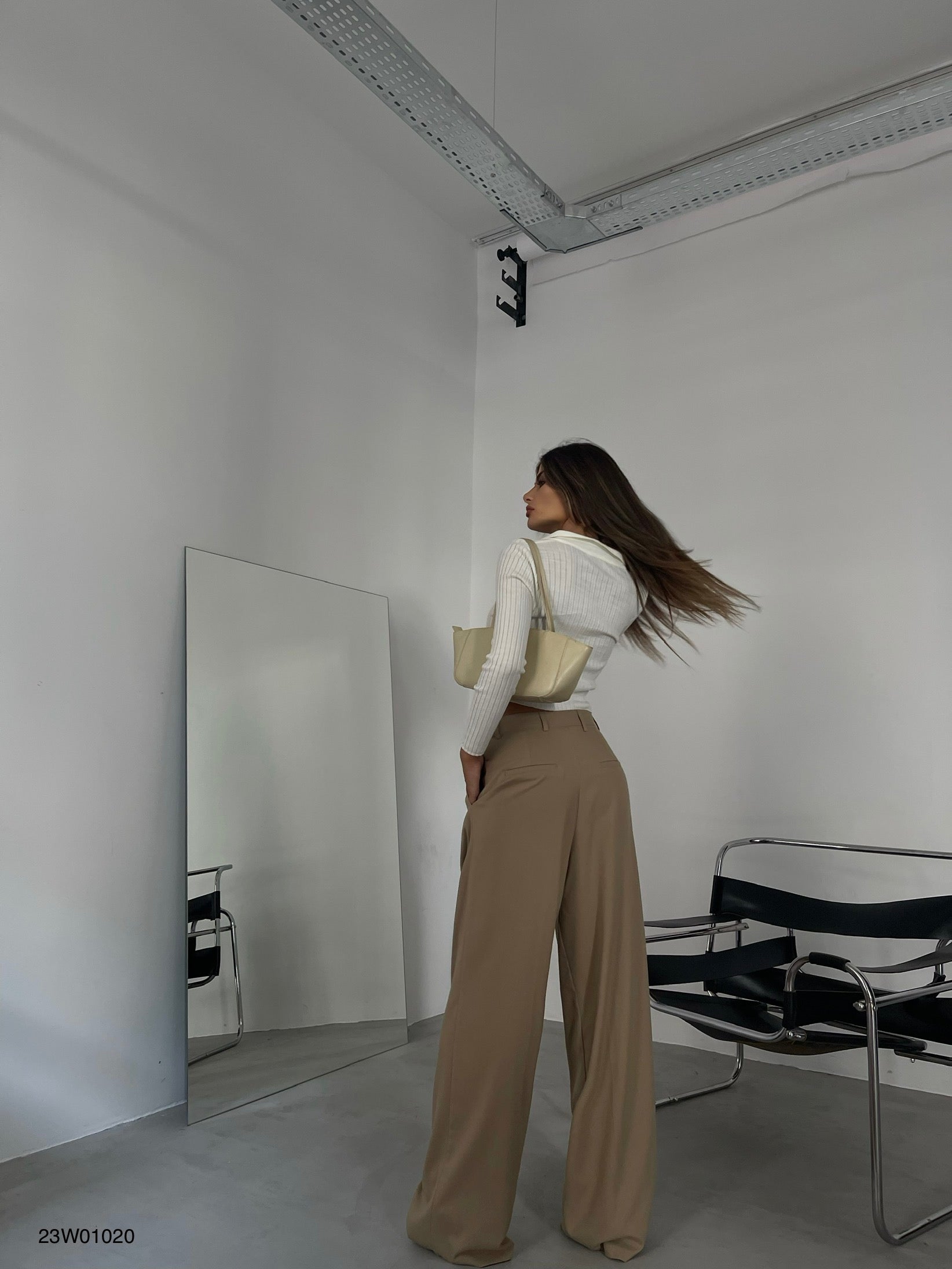 Double-Pleated Beige Wide-Leg Beige Pants