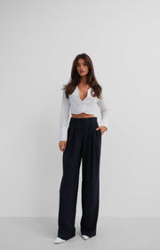 Double Pleated Wide Leg Navy Blue Trousers