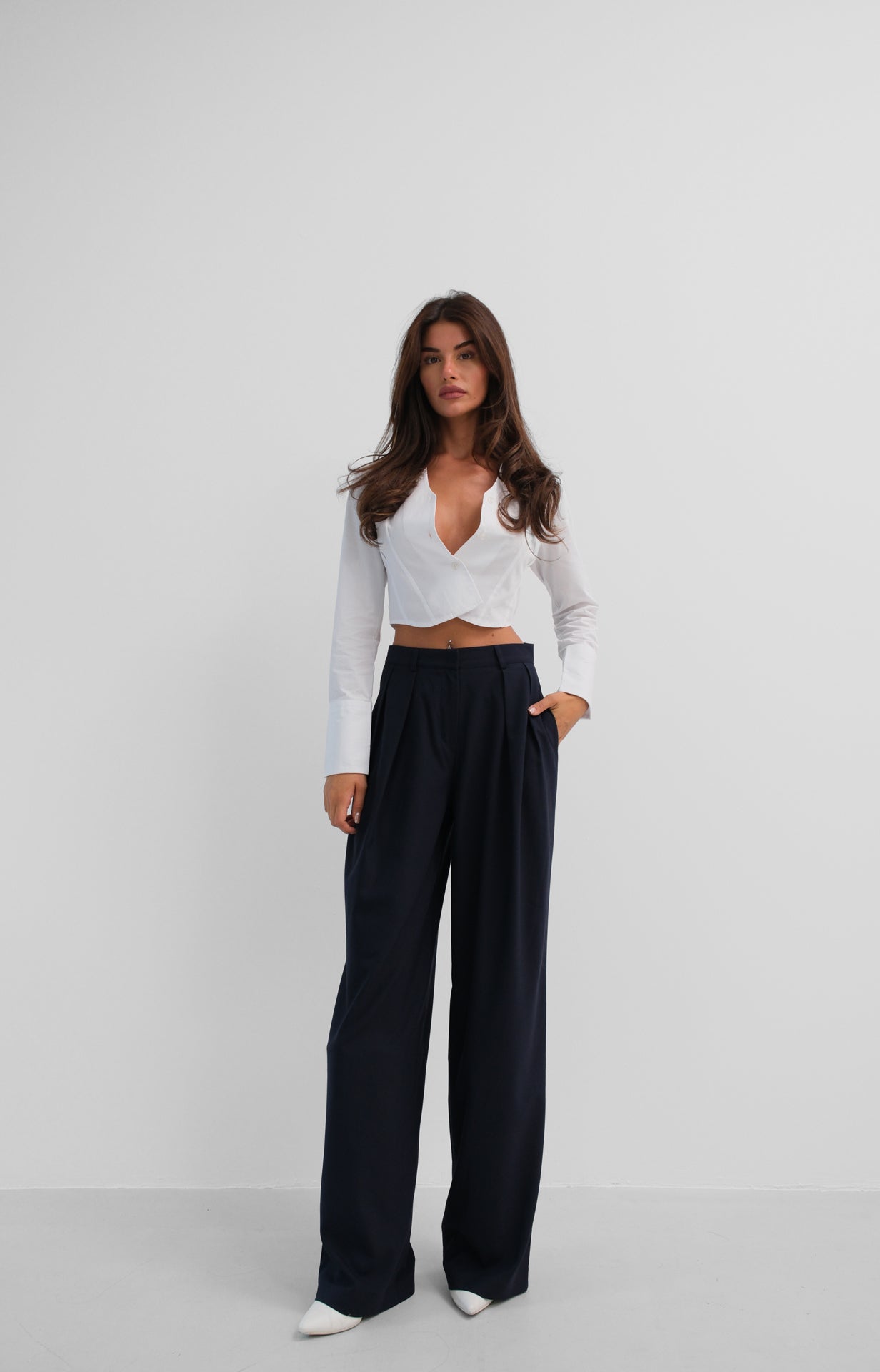 Double Pleated Wide Leg Navy Pants