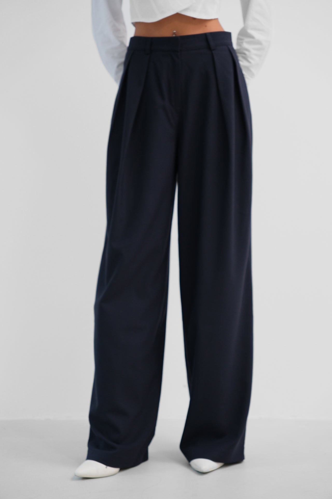 Double Pleated Wide Leg Navy Pants