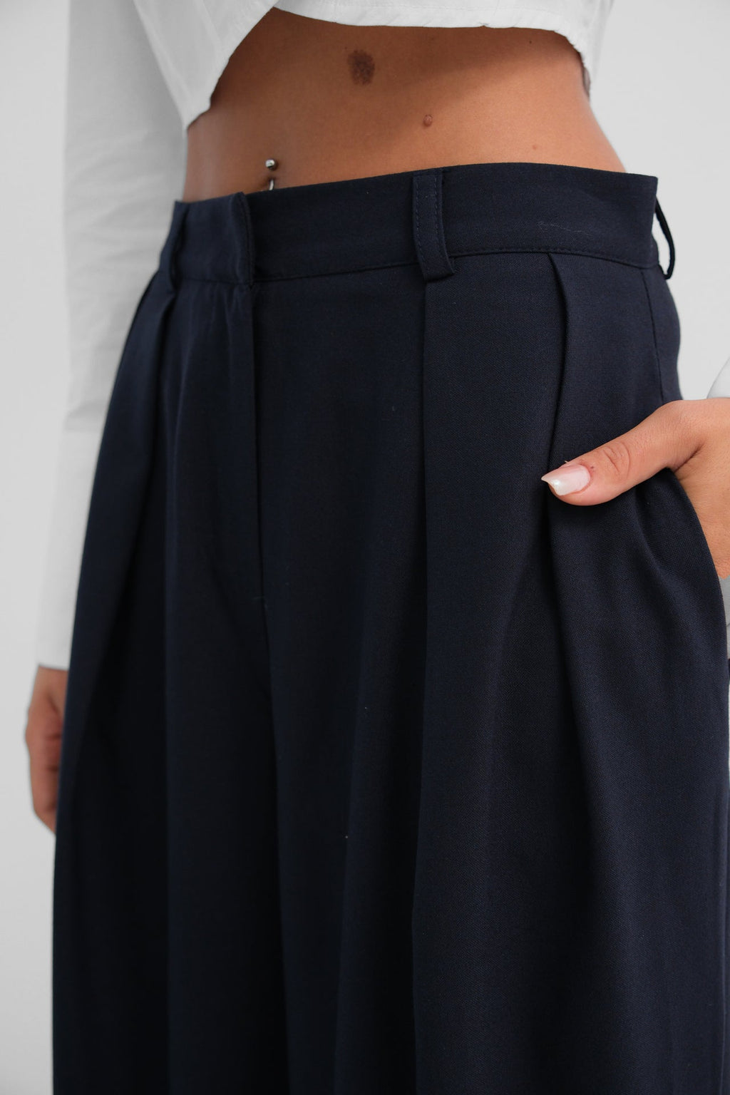 Double Pleated Wide Leg Navy Pants