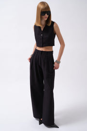 Double Pleated Palazzo Navy Blue Trousers