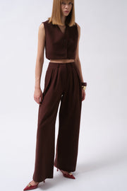 Double Pleated Palazzo Brown Trousers