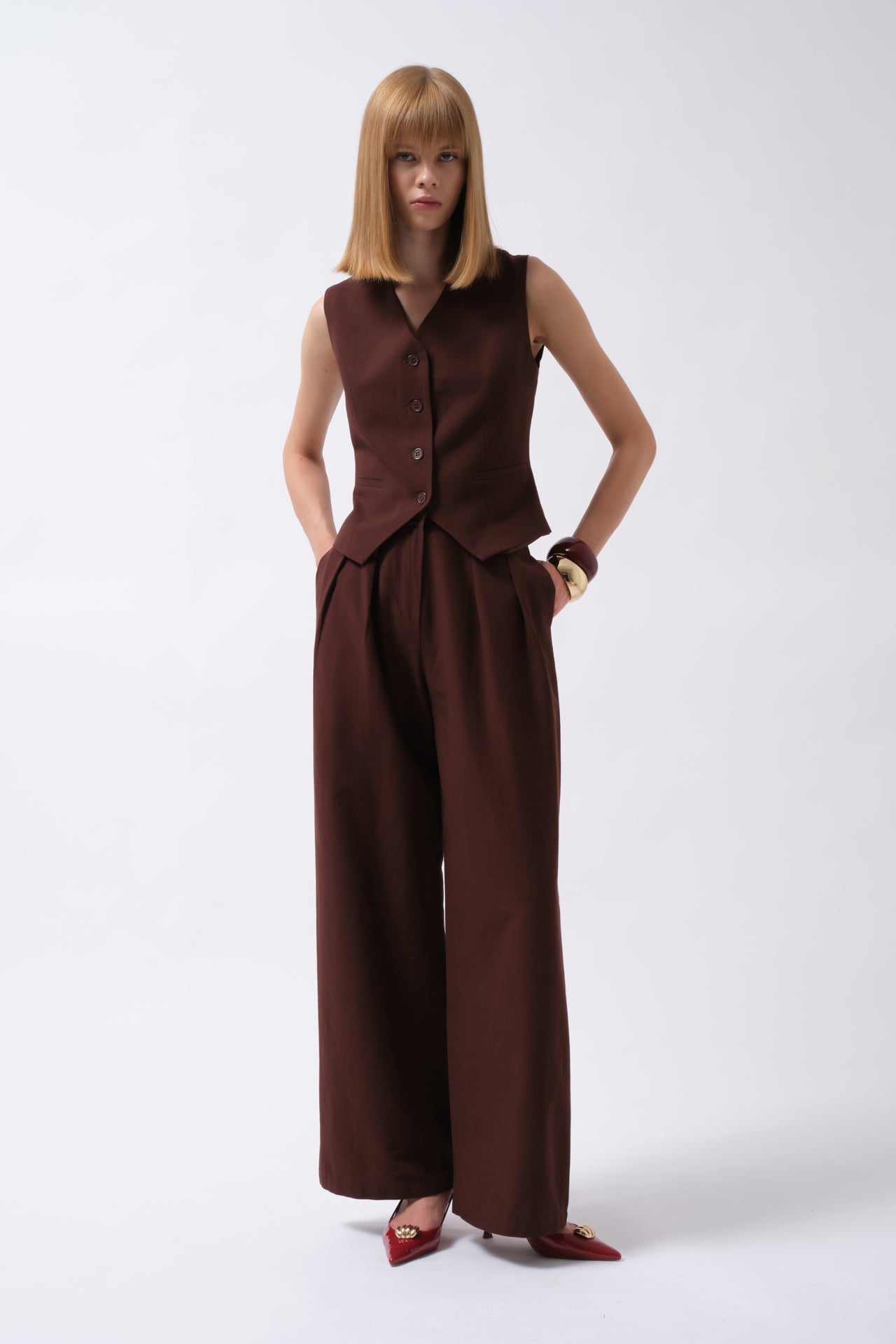 Double Pleated Palazzo Brown Pants