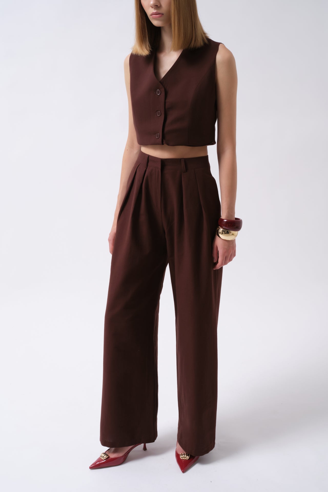 Double Pleated Palazzo Brown Pants