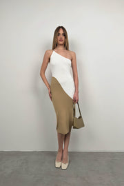 Double Color One Shoulder White Beige Knit Dress
