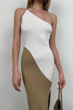 Two-Tone One-Shoulder White Beige Knit Dress
