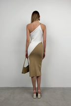 Two-Tone One-Shoulder White Beige Knit Dress