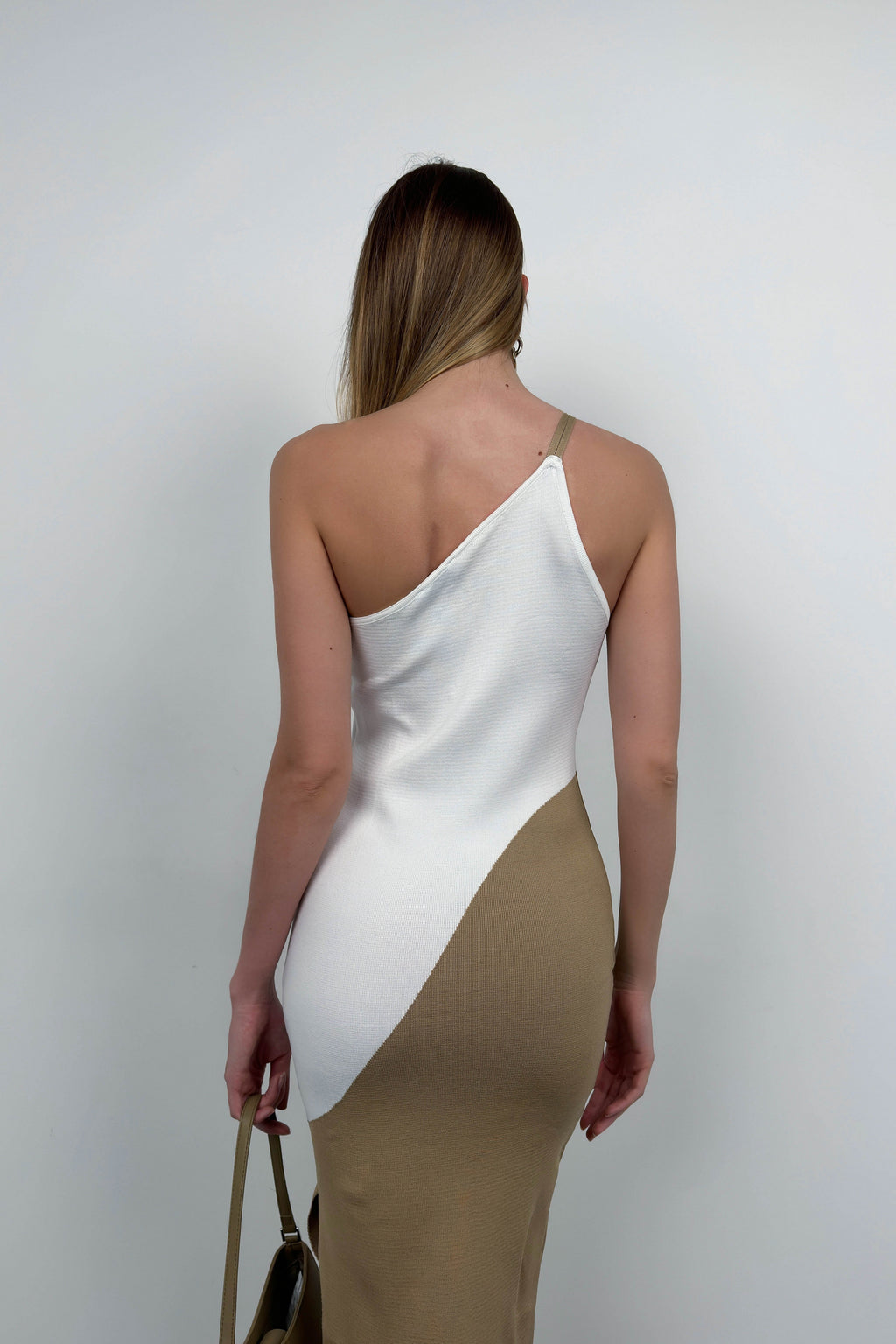 Two-Tone One-Shoulder White Beige Knit Dress