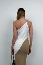 Two-Tone One-Shoulder White Beige Knit Dress