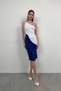 Two-Tone One-Shoulder White Blue Knit Dress