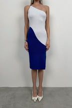 Two-Tone One-Shoulder White Blue Knit Dress