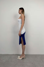 Two-Tone One-Shoulder White Blue Knit Dress