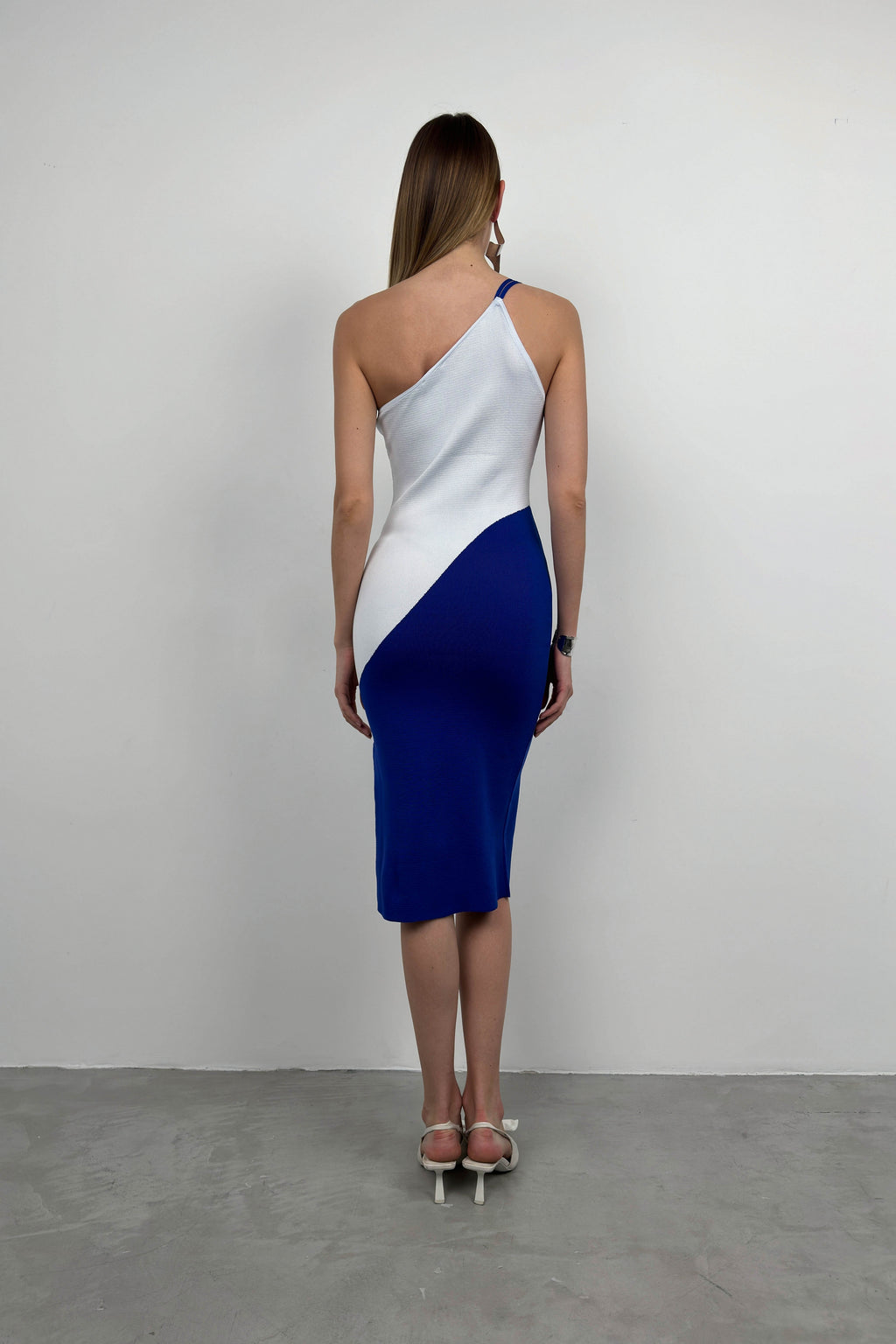 Two-Tone One-Shoulder White Blue Knit Dress