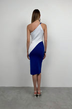 Two-Tone One-Shoulder White Blue Knit Dress