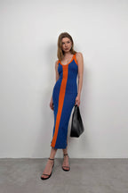 Two-Tone Slit Detail Sax Blue Orange Dress