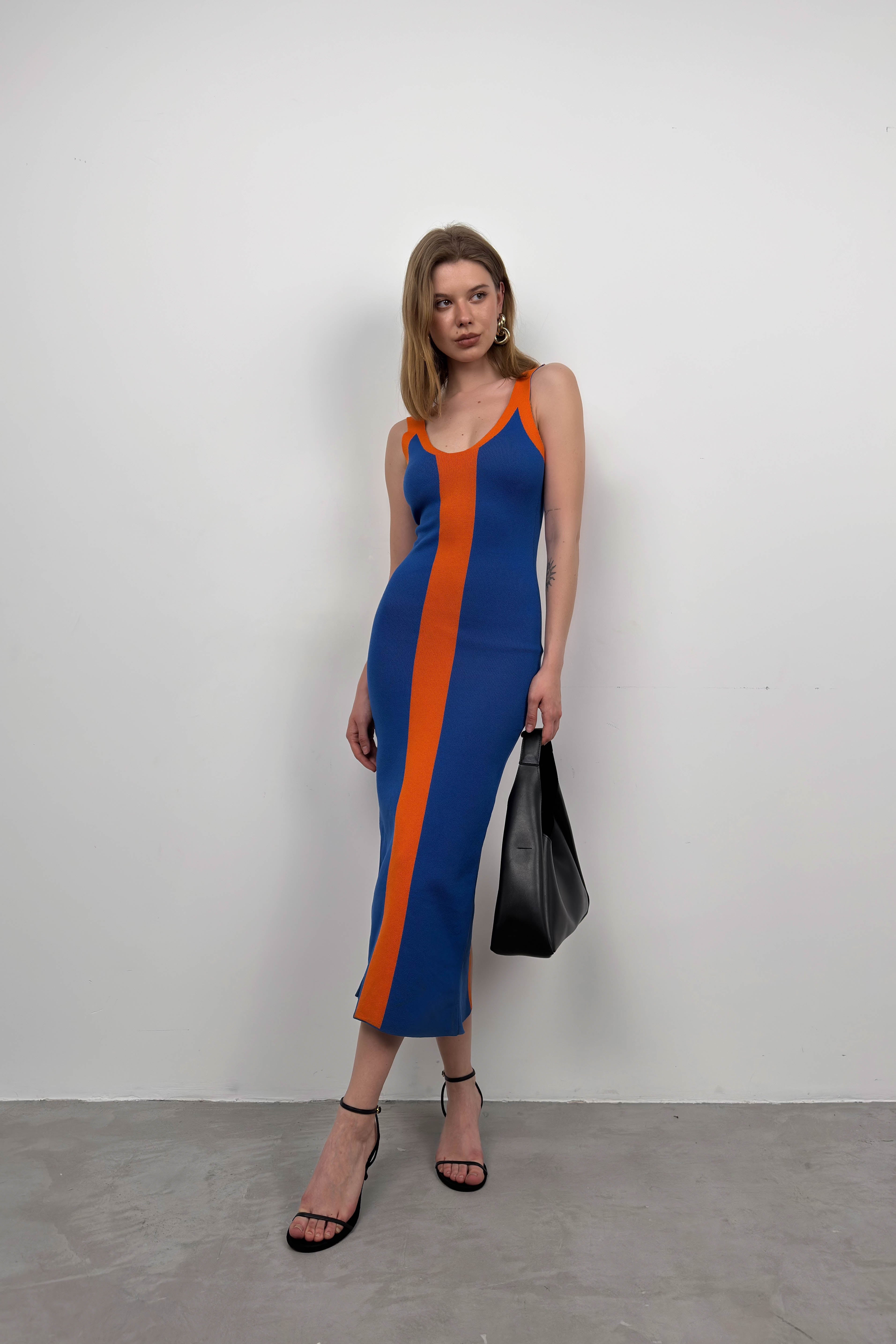 Two-Tone Slit Detail Sax Blue Orange Dress