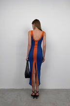 Two-Tone Slit Detail Sax Blue Orange Dress