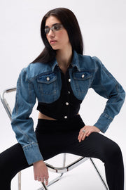 Double Color Crop Blue Black Denim Jacket