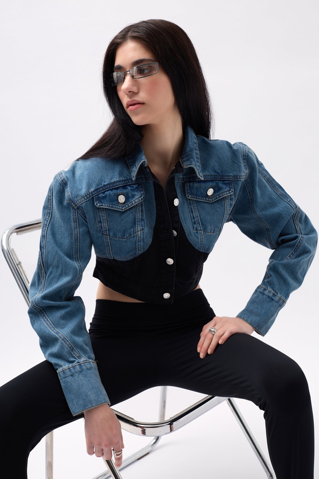 Two-Tone Crop Blue Black Denim Jacket