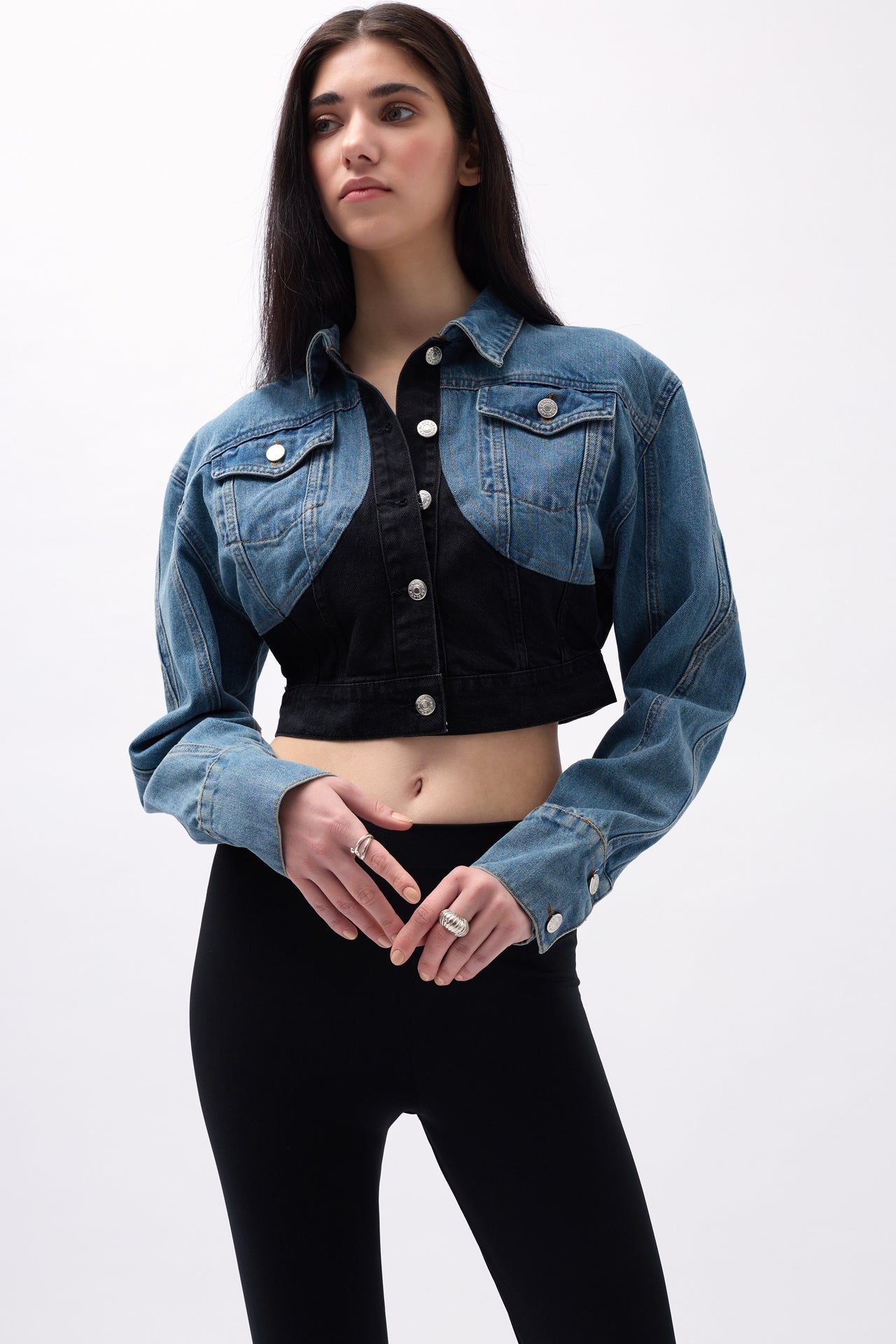 Two-Tone Crop Blue Black Denim Jacket