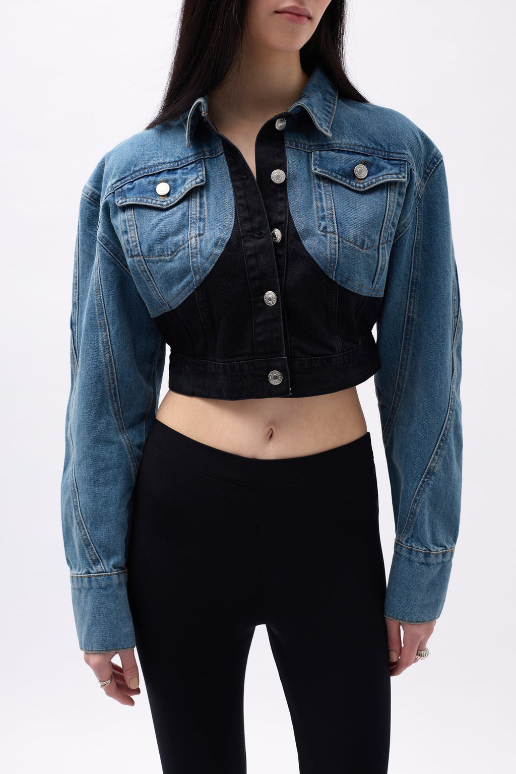 Two-Tone Crop Blue Black Denim Jacket