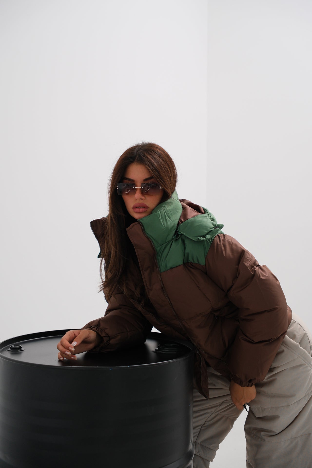 Two-Tone Hooded Brown Green Coat