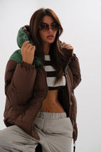 Two-Tone Hooded Brown Green Coat
