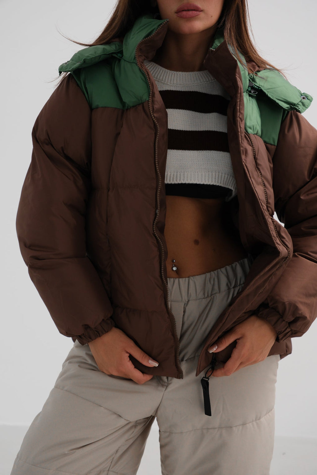 Two-Tone Hooded Brown Green Coat