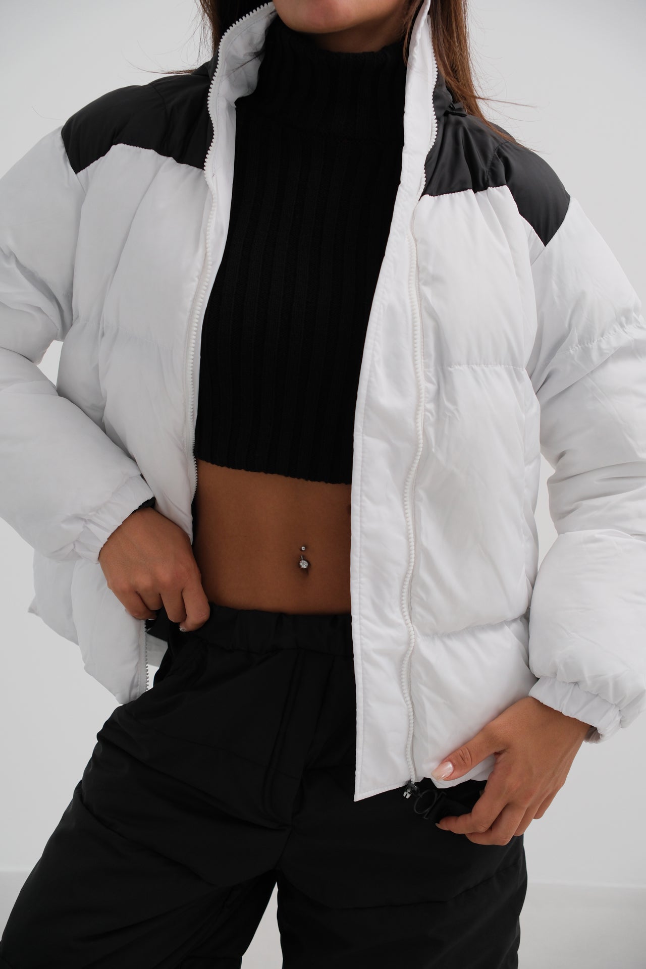 Two-Tone Hooded Black White Coat
