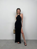 Double Slit Textured Black Maxi Pareo