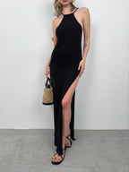 Double Slit Textured Black Maxi Pareo