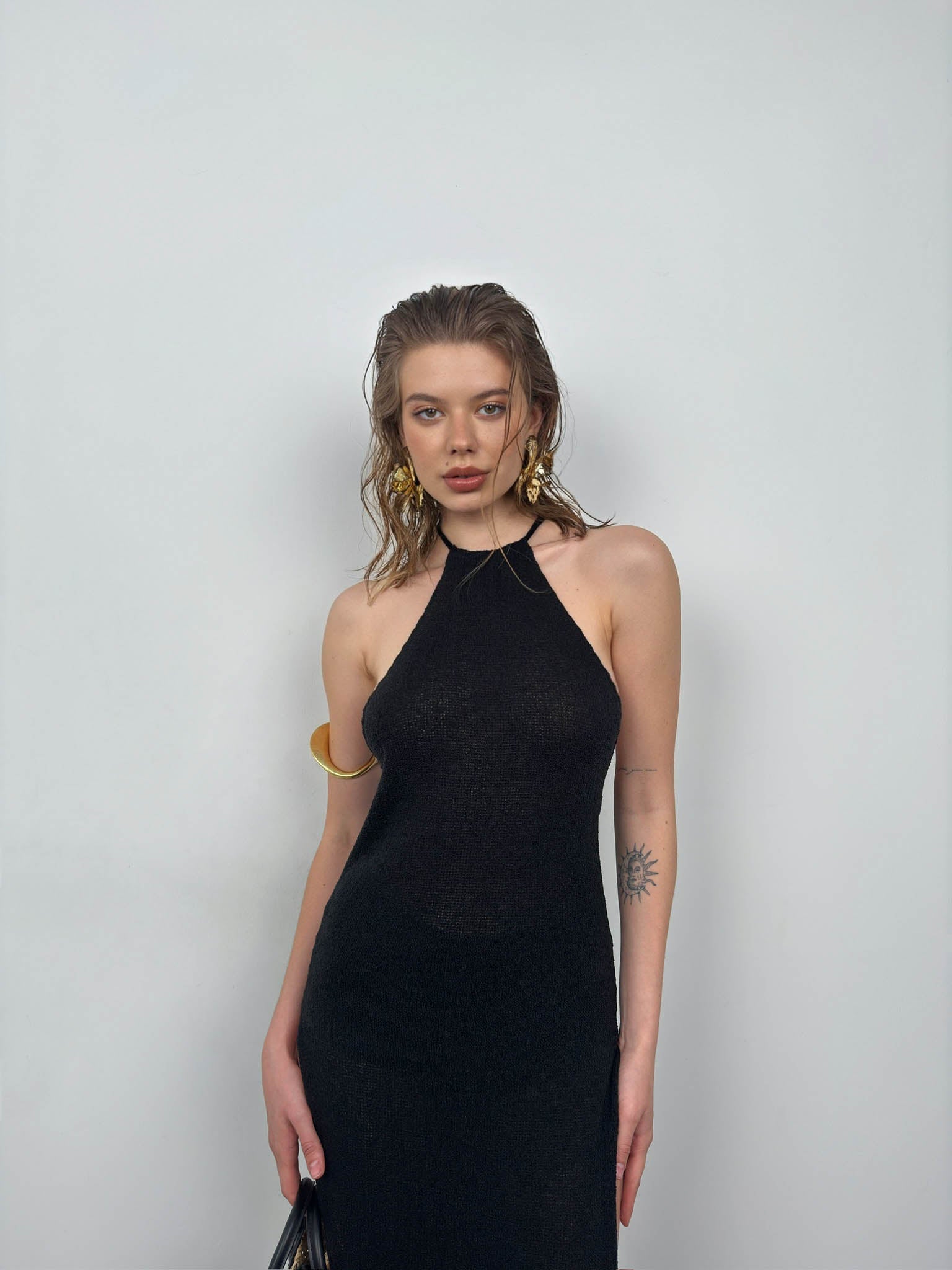 Double Slit Textured Black Maxi Pareo