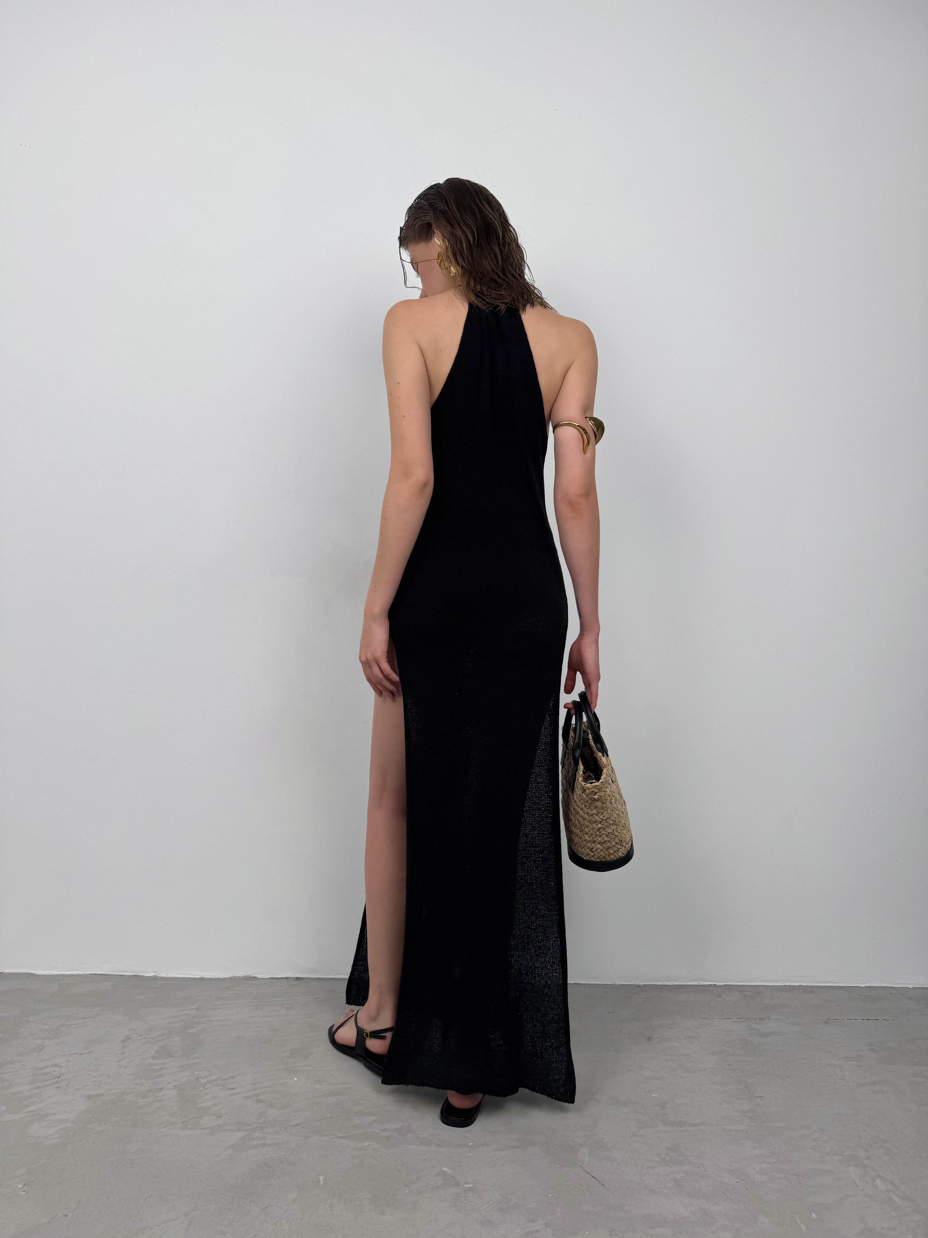 Double Slit Textured Black Maxi Pareo