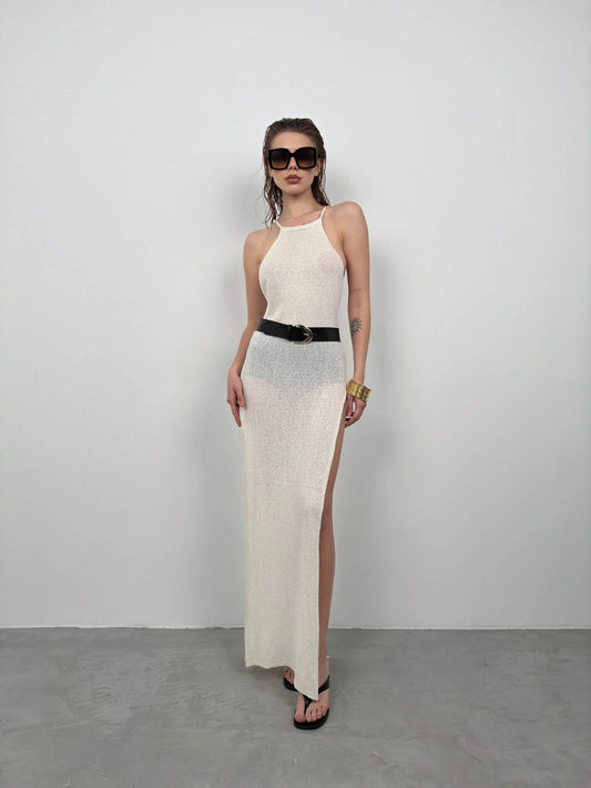 Double Slit Textured Ecru Maxi Pareo